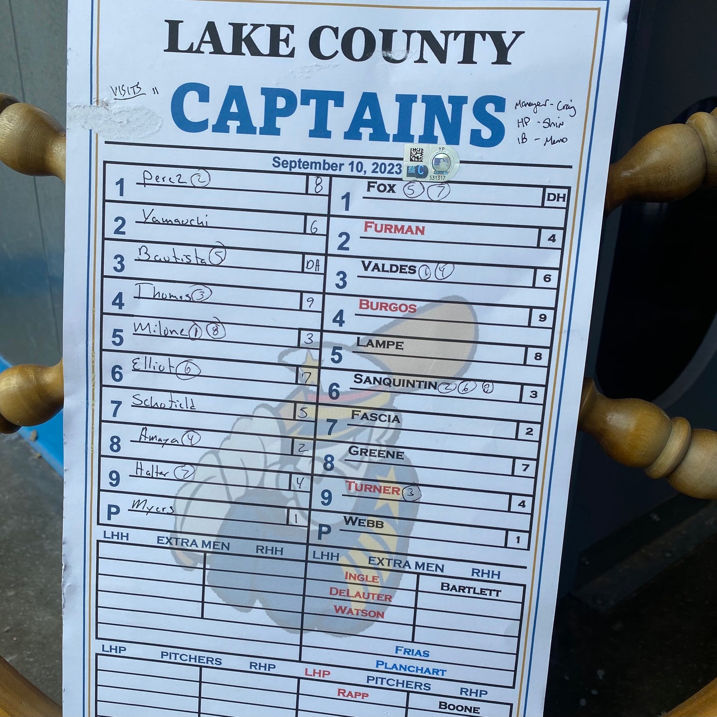 Authenticated Game Used Line-Up Card 9/10/2023