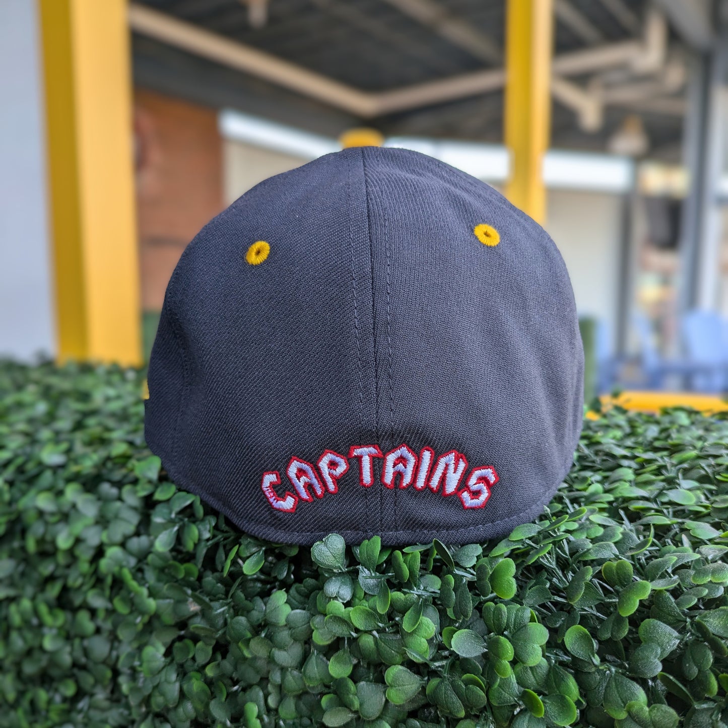 New Era 3930 Lake County Captains Navy Home Logo Yellow Brim Script Back Flex Hat